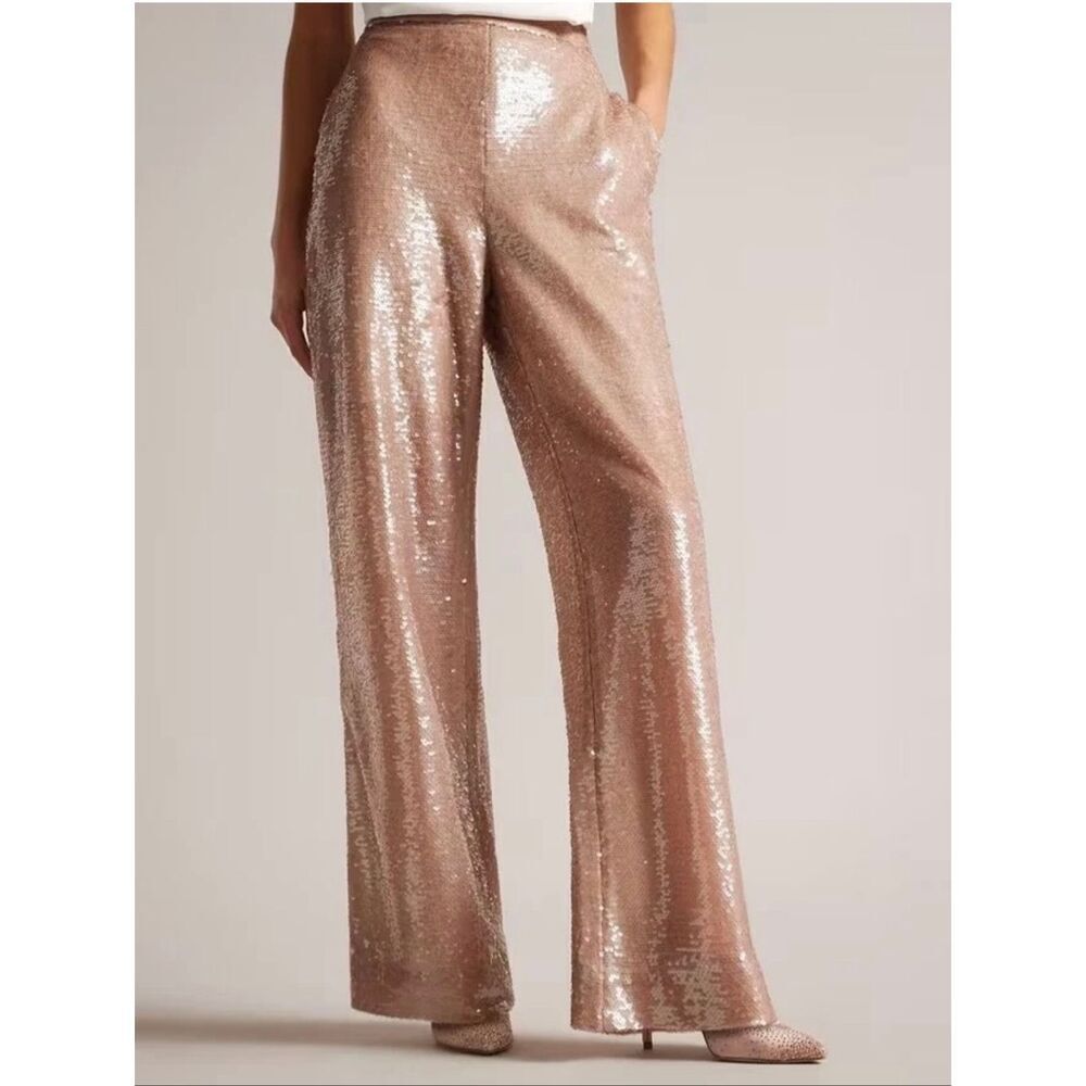 Ted Baker Milleit Matte Sequin Wide Leg Sequin High Rise Pant Light Pink Size 10 - Picture 11 of 12
